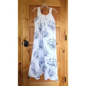 La Cera 100% Cotton Blue Floral Toile Nightgown Chemise MEDIUM Ruffle Lace Girly